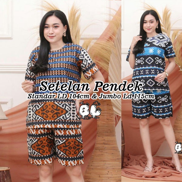 Batik Blouse & Celana Setelan - Motif Songket Tenun Warna Biru - Ukuran Jumbo