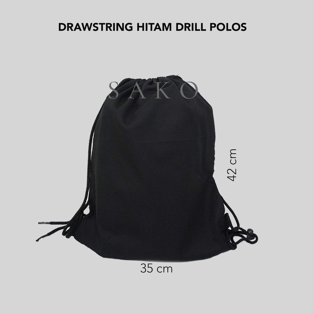 (SAKO) - RANSEL SERUT DRAWSTRING DRILL HITAM POLOS  35X42 CM