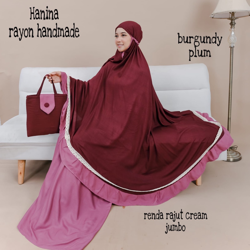 Mukena Hanina Rayon Bawahan Plum Atasan 5 Variasi Warna Renda Rajut Cream Jumbo Handmade Bali Polosan Mukenah High Quality - Dewasa