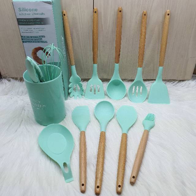 12pcs cooking utensil spatula set with wooden handle /alat masak silikon sutil centong whisk tongs