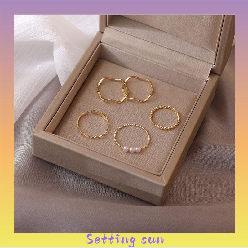 5 pcs Cincin Set Fashion Aksen Berlian Imitasi Mutiara Untuk Wanita TN