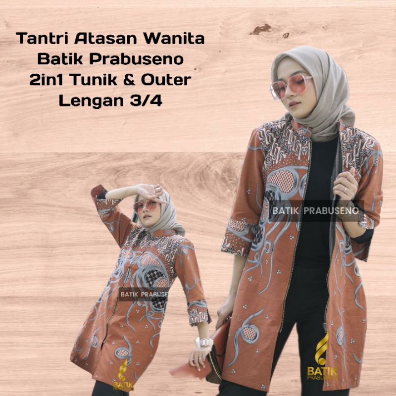 Tantri Atasan Baju Batik Wanita 2in1 Tunik & Outer Lengan 3/4 Full Furing Seragam Kerja Kantoran Mod