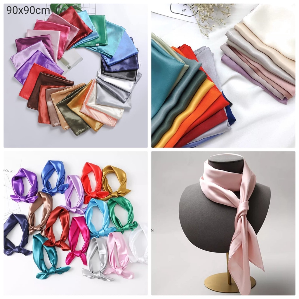 Syal polos 90x90 polyester satin scraf hijab bandana selendang wanita