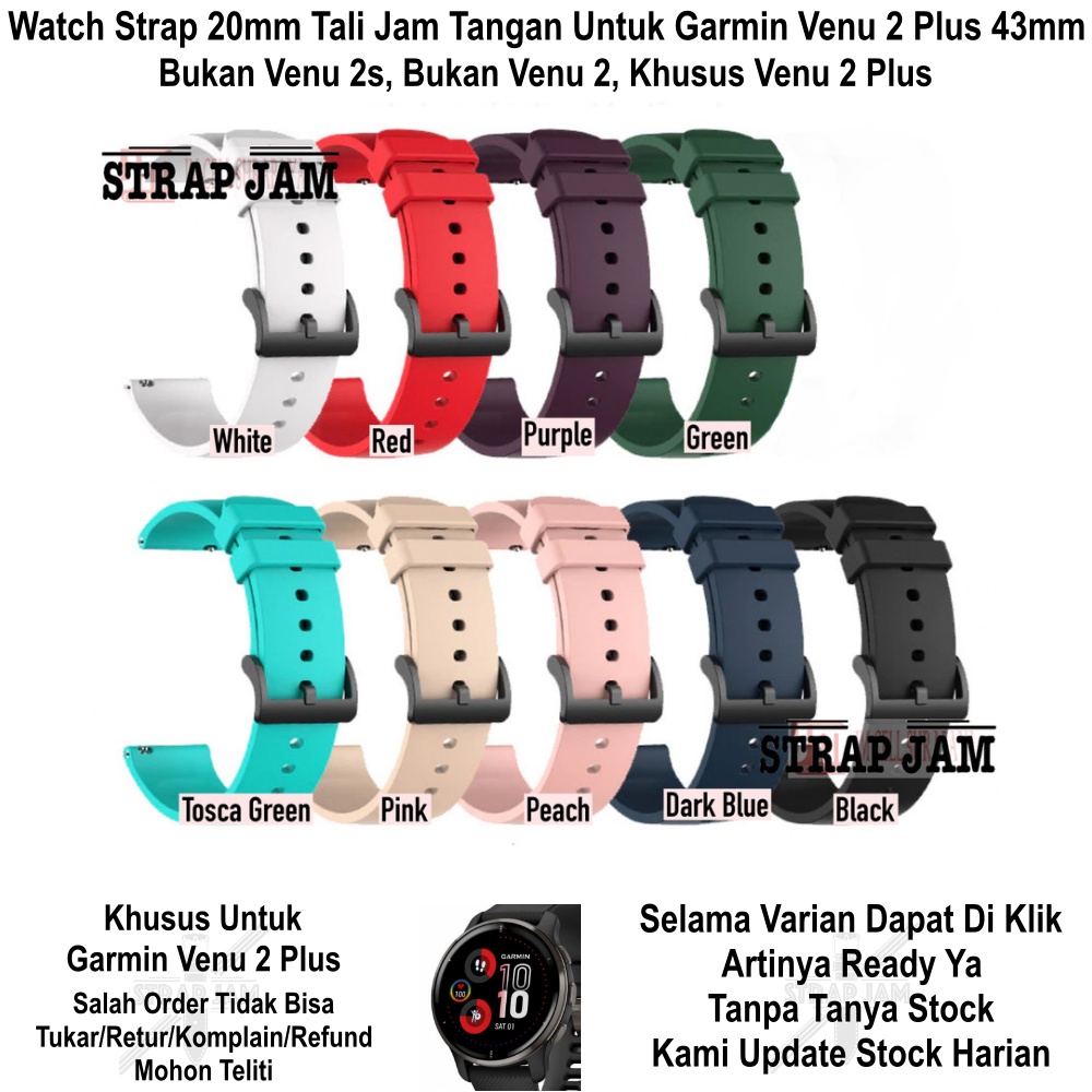 P20Q Watch Strap Garmin Venu 2 Plus 43mm - Tali Jam Tangan 20mm Rubber Silikon Black Buckle