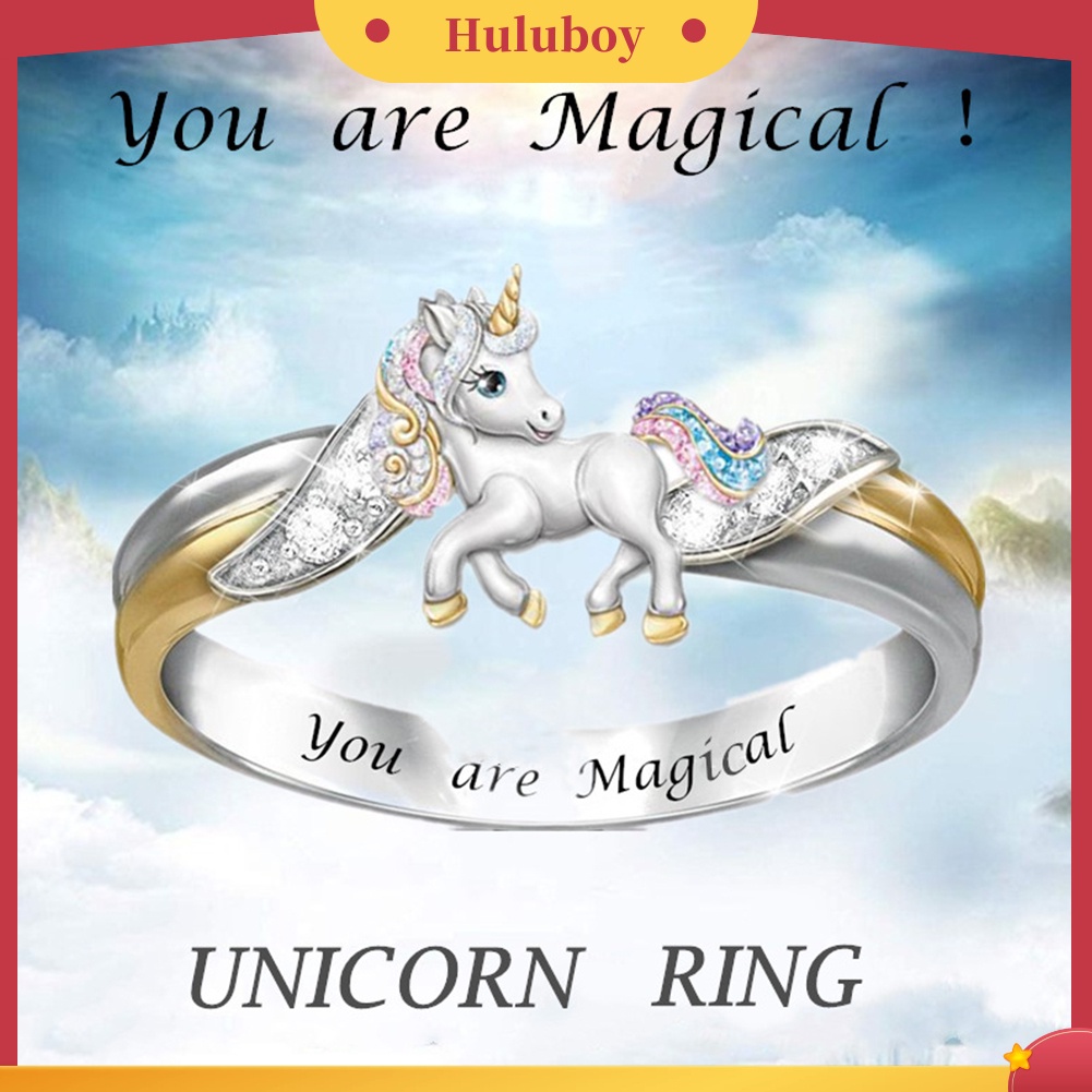 Hu Hu Hu Hu Hu Alat Bantu Pasang Kacamata♡ Cincin Wanita Bahan Alloy Desain Ukiran Tulisan Unicorn Hias Berlian Imitasi Untuk Hadiah