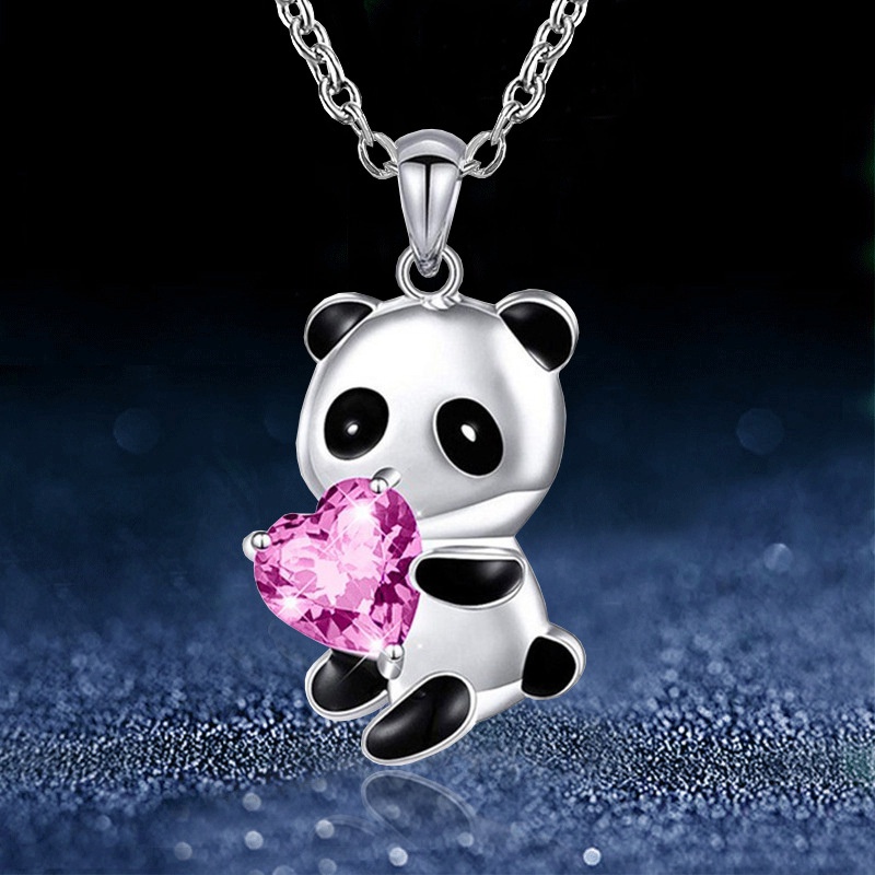 Kalung Rantai Liontin Panda Hati Aksen Berlian Warna Silver Untuk Aksesoris Sweater