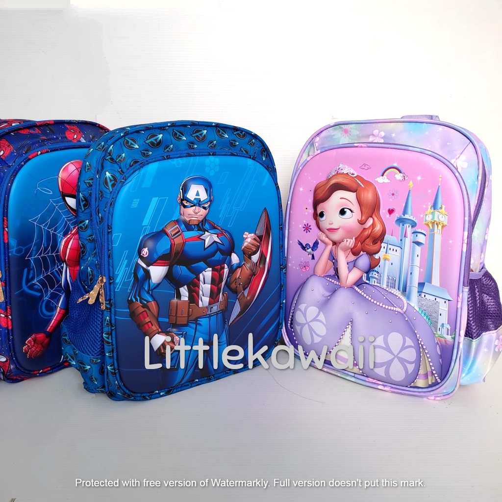 LK/Tas Ransel Sekolah Anak Emboss Hardcase Sofia Spiderman Captain America PAUD TK SD L Import