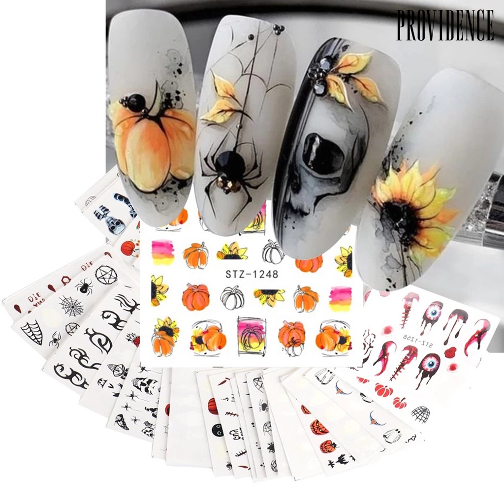 24 Pcs Stiker Kuku Motif Halloween Efek Indah Tahan Lama Removable Untuk Nail Art