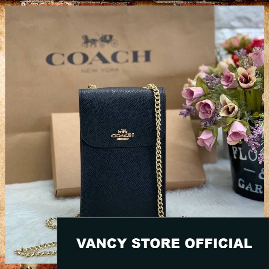 TAS ORIGINAL COACH - Crossbody Black Saffiano Leather North/South Phone Bag Wallet [ FULL SET NEW WI