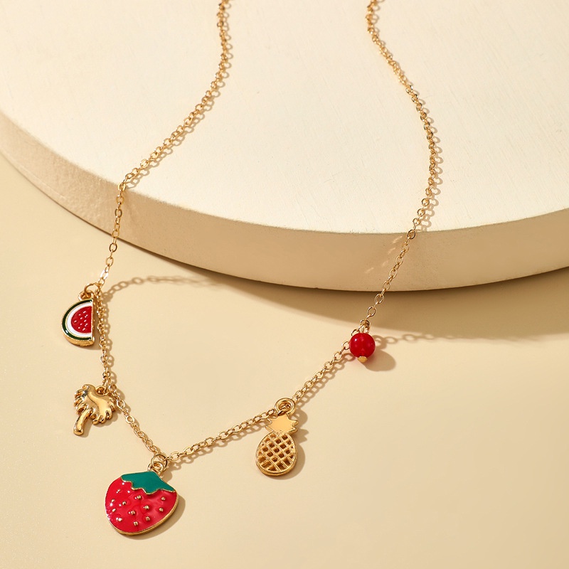 Kalung Rantai Klavikula Dengan Liontin Buah Strawberry Semangka Drop Oil Geometris