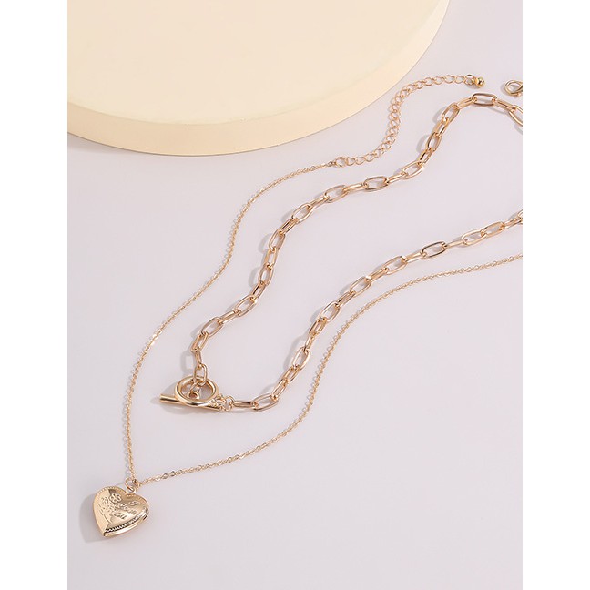 LRC Kalung Fashion Gold Color Heart Alloy Ot Clasp Multilayer Necklace P11125