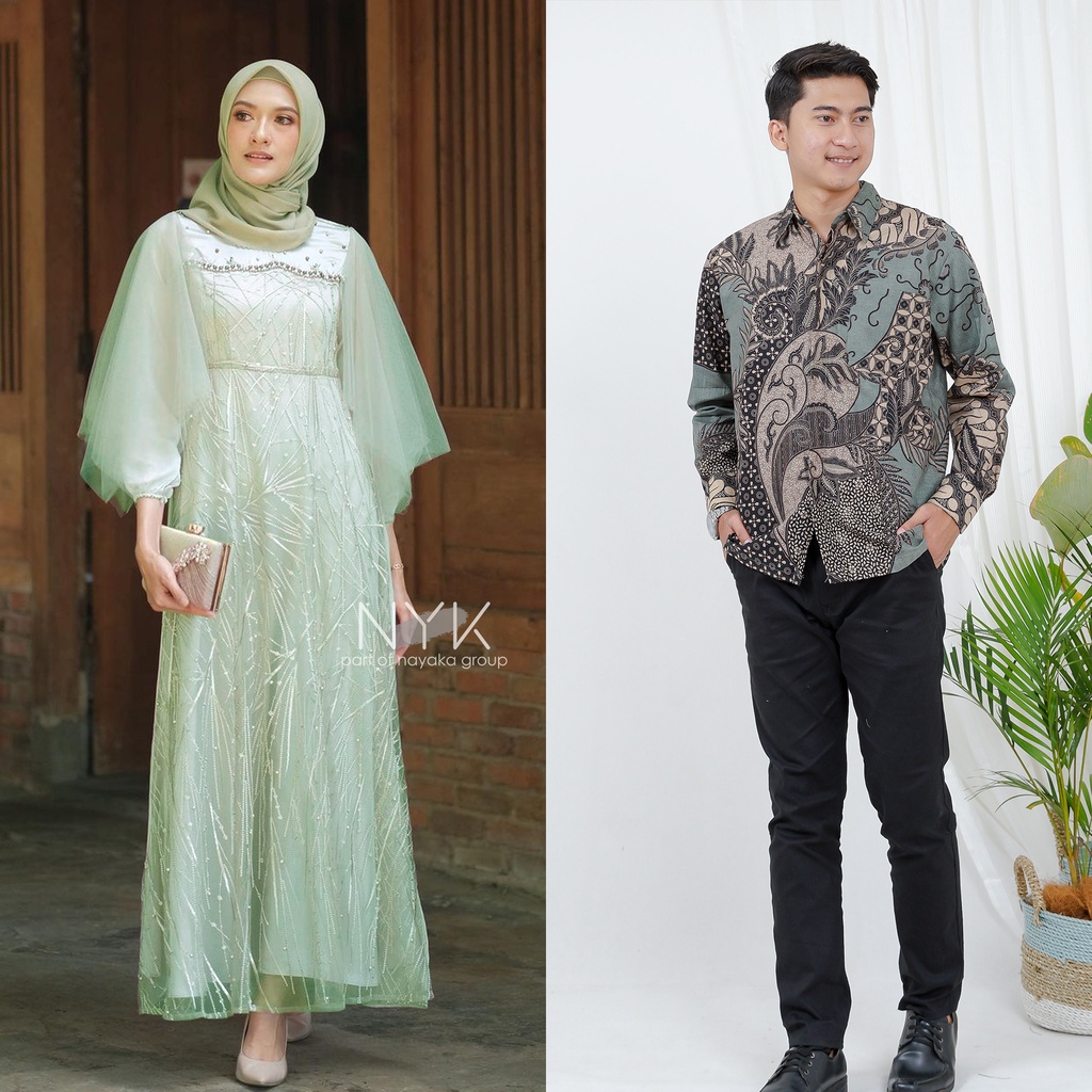 GRIYA BATIK COUPLE - Set Batik Couple Modern - Couple Gamis Radika - Couple Batik Tulle Premium - Couple Lamaran - Batik Wisuda - Dress Brokat Remaja