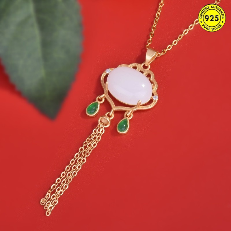 Kalung Rantai Dengan Liontin Rumbai Batu Chalcedony Natural Gaya Istana Ruyi Untuk Wanita