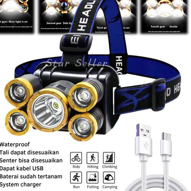 Pasti Favorit Senter Kepala 5 LED 4 Mode USB Rechargeable Super Terang Tahan Air 3800w
