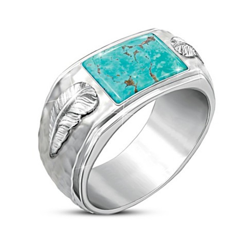 Cincin Desain Bulu Aksen Turquoise Bahan 925 Silver Gaya Bohemian Untuk Pria