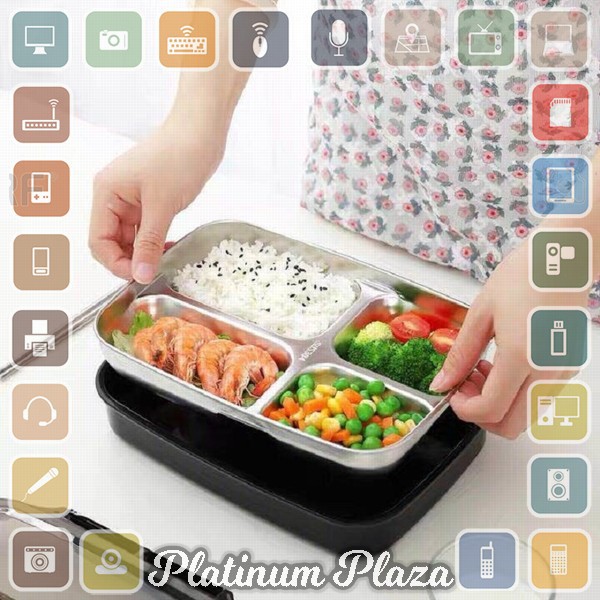 ONEUP Kotak Makan Stainless Steel Healthy Bento Lunch Box 1000ml 3 Grid with Spoon &amp; `2R2VNY-- Black