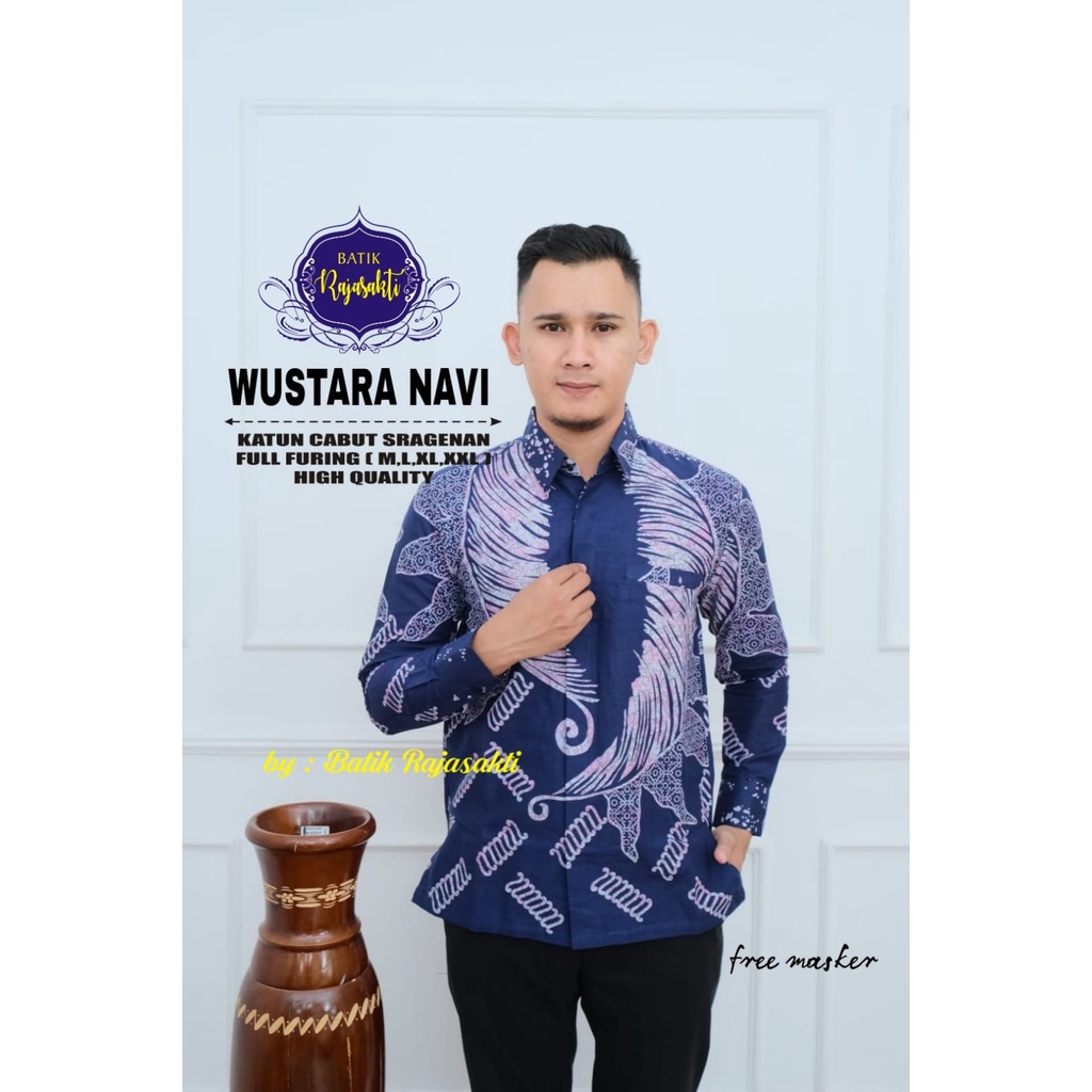 WUSTARA BIRU NAVY Kemeja Batik Pria Premum Full Furing Bahan Katun Halus Primisima Asli Batik solo