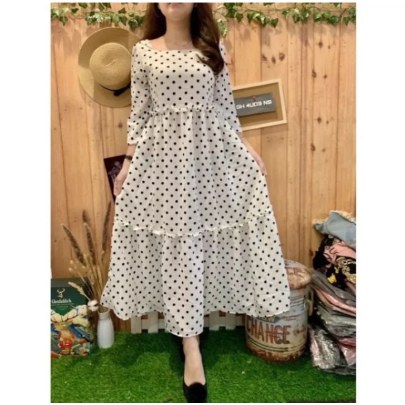 LONG DRESS POLKADOT MONALISA// DRESS RUFFLE TERBARU// DRESS LENGAN PANJANG// BAJU MURAH// GAUN CANTIK KEKINIAN [BISA COD]