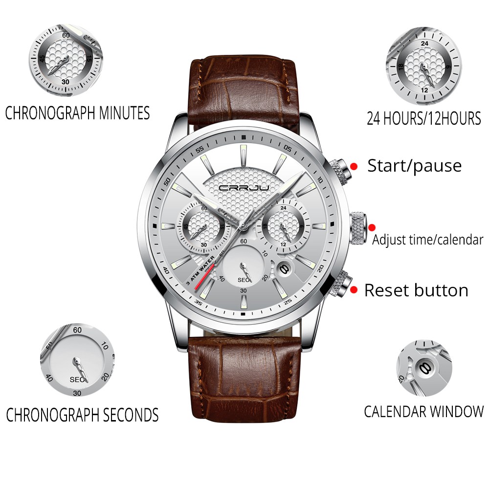 CRRJU Leather Quartz Watch Sport Waterproof Date Chronograph Jam Tangan Pria