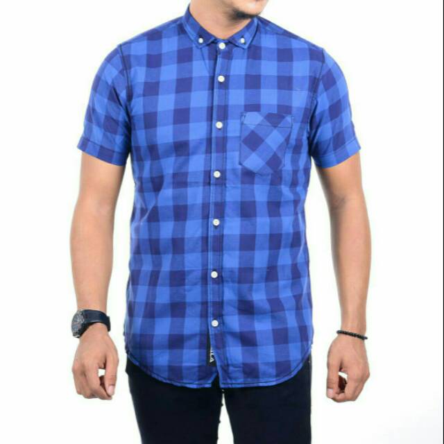 Kemeja pria lengan pendek kotak kotak biru