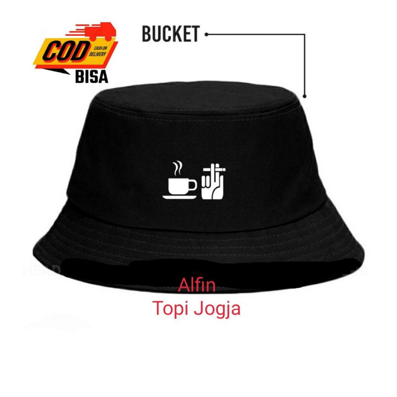 topi bucket motif kopi dan rokok