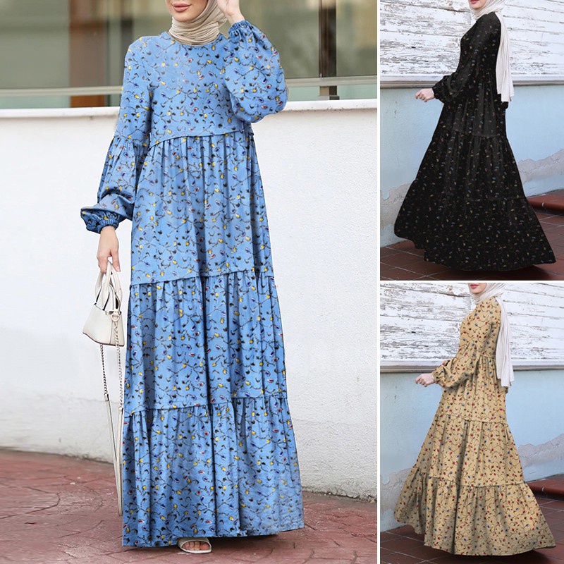 ZANZEA Women Long Sleeve Vintage Printed Tiered Long Muslim Dress