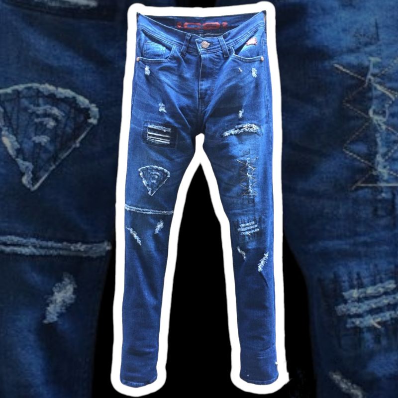 C-3 CELANA PANJANG JEANS MODEL SOBEK SOBEK TAMBAL BORDIR TIDAK TEMBUS SELVEDG SLIM FIT BAHAN MELAR