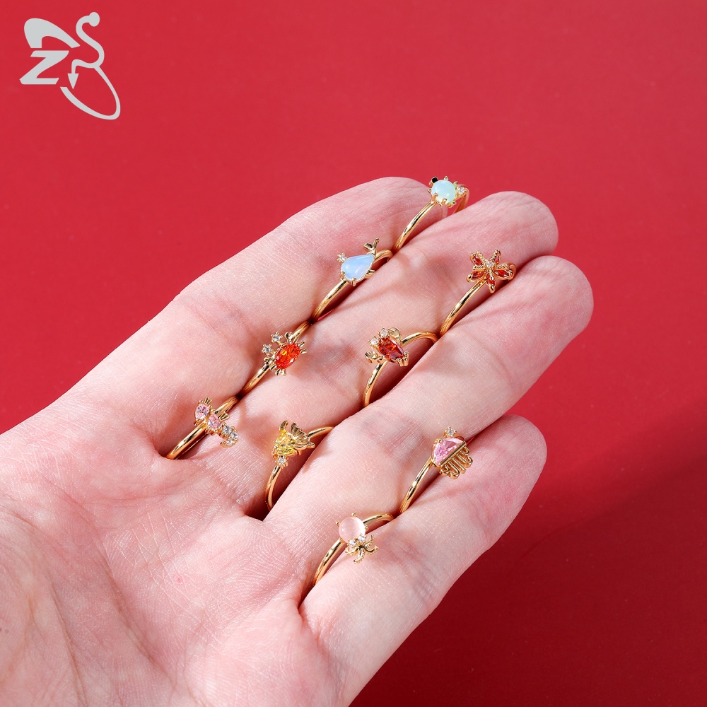 Cincin Desain Bintang Laut Lumba-Lumba Aksen Kristal Cz Opal Stackable Warna Emas Untuk Wanita