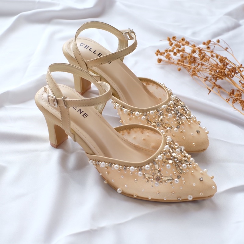 𝗖𝗘𝗟𝗟𝗘𝗡𝗘 Binka Let Beads / wedding shoes sepatu pengantin 7cm gold