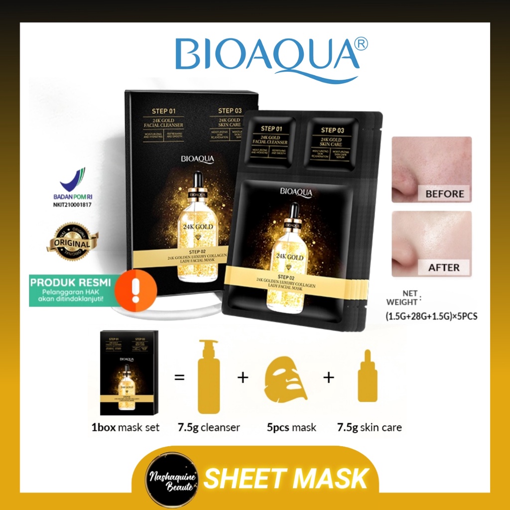 BIOAQUA 24K Gold Facial Mask Set ( ISI SABUN SACHET + 5 SHEET MASK + ESSENCE SERUM)