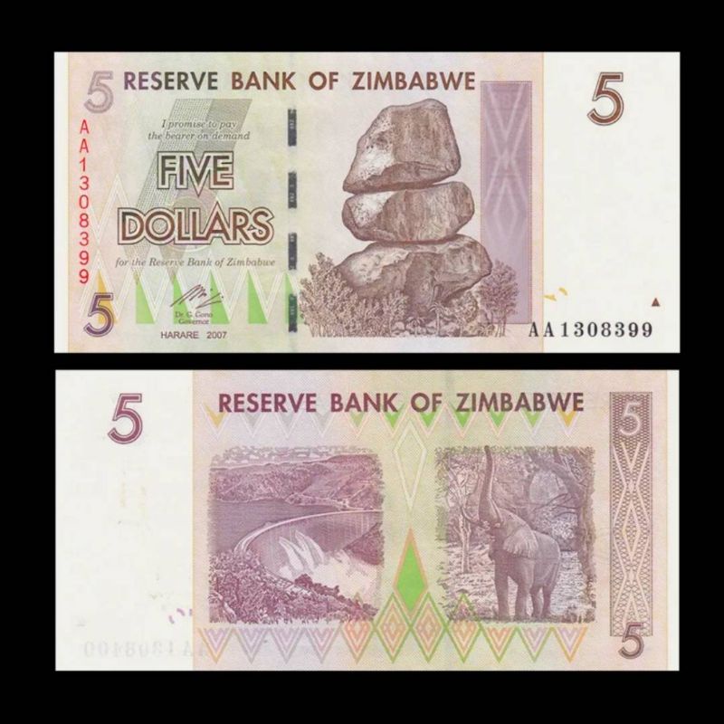 UANG ZIMBABWE 5 DOLLARS 2007 UNC GRESS PERFECK AA ORIGINAL