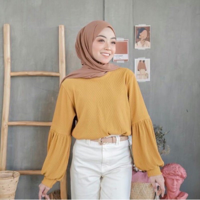 OVERSIZE TANGAN BALON RIB POLOS PREMIUM / BLOUSE WANITA / KAOS TANGAN BALON WANITA OVERSIZE