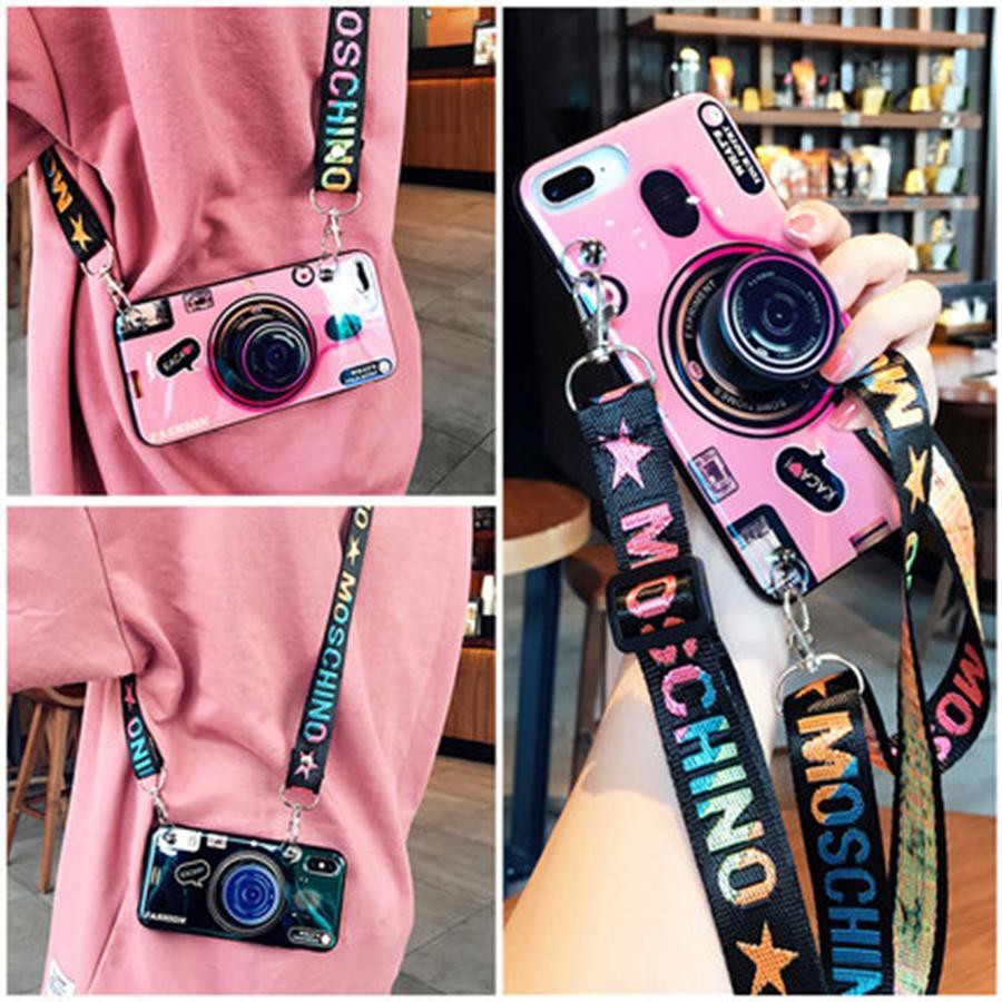 Untuk OPPO A3s Kamera Lembut 3D Case dengan Tali Gantungan Tali Berpengait Pemegang Halus TPU