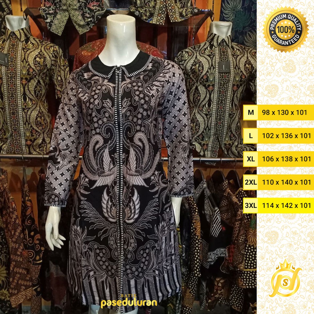 Tunik Wanita Batik Atasan Premium Motif Bunga Merak Warna Abu Hitam Resleting Panjang Terbaru