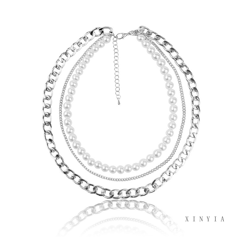 Kalung Rantai Klavikula Hias Mutiara Bahan Logam Warna Silver Gaya Hip Hop Retro Untuk Unisex