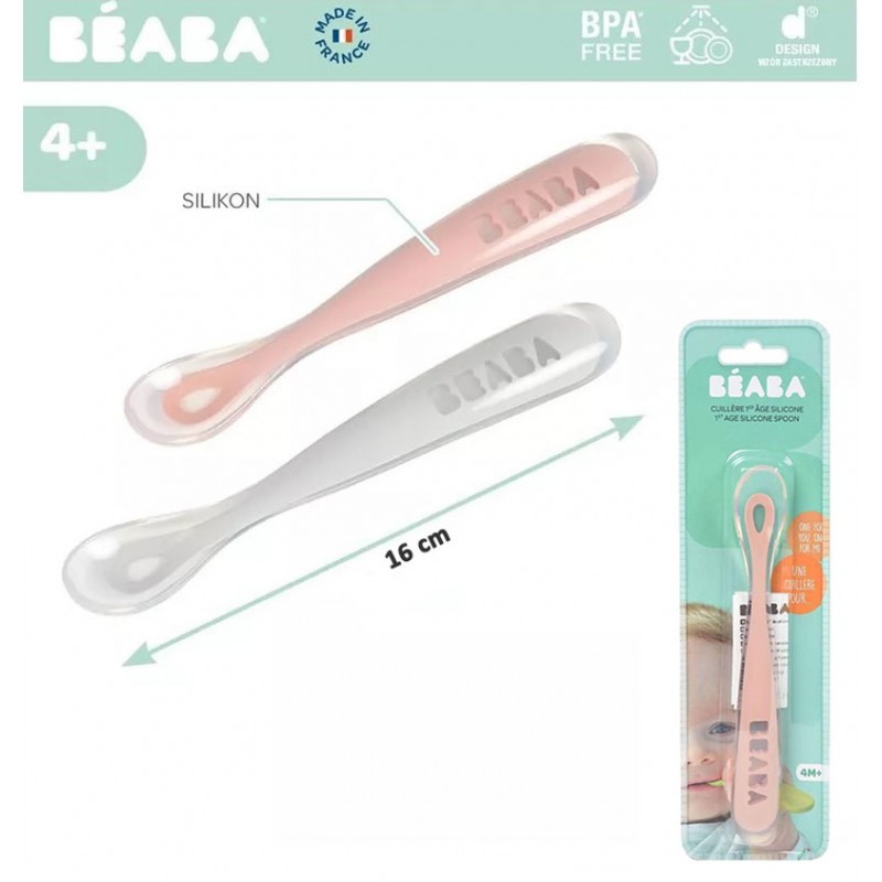 Beaba Ergonomic 1st Age Silicone Spoon Sendok Bayi - Misty Grey / Vintage Pink