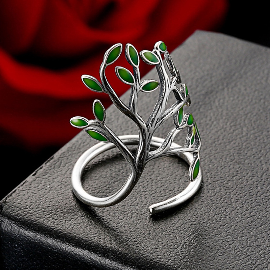 Hu Hu Hu Hu Hu Alat Bantu Pasang Kacamata♡ Cincin Model Terbuka Adjustable Desain Cabang Daun Hijau Bahan Tembaga Untuk Unisex