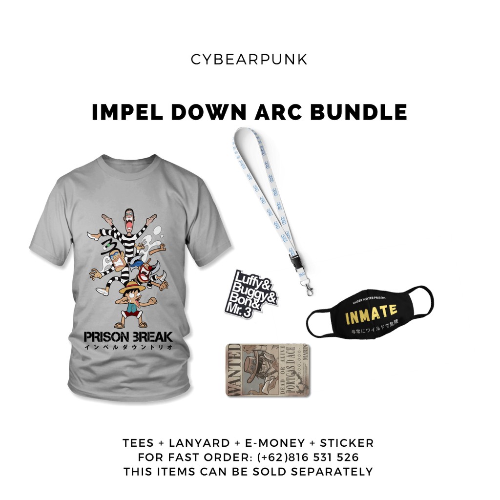 

Bundle Pack One Piece - Impel Down Arc (Kaos + Lanyard + E-money + Sticker + Face Mask