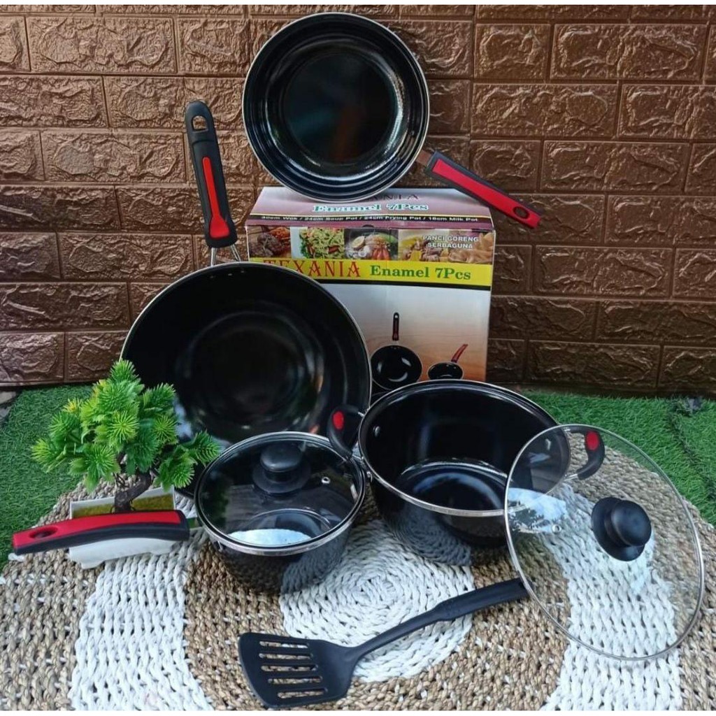 Panci Texania Set 7 Pcs / Panci Set Hitam Enamel High Quality