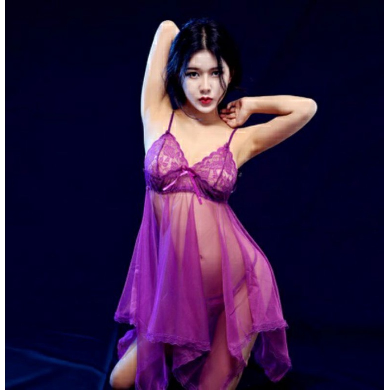 Pakaian Lingerie Sexy V-Neck Model Renda Import + Free G-string-Purple