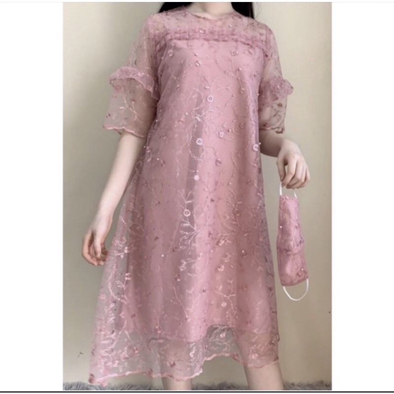 Ken-161 Dress Pesta Premium cantik versi korea A Line dress full Tulle bordir free masker