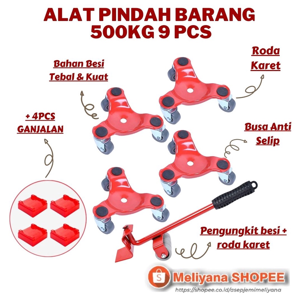Alat Bantu Pindah Barang Berat Praktis Dengan Roda 360 Drajat MERAH 9Pcs 500 Kg