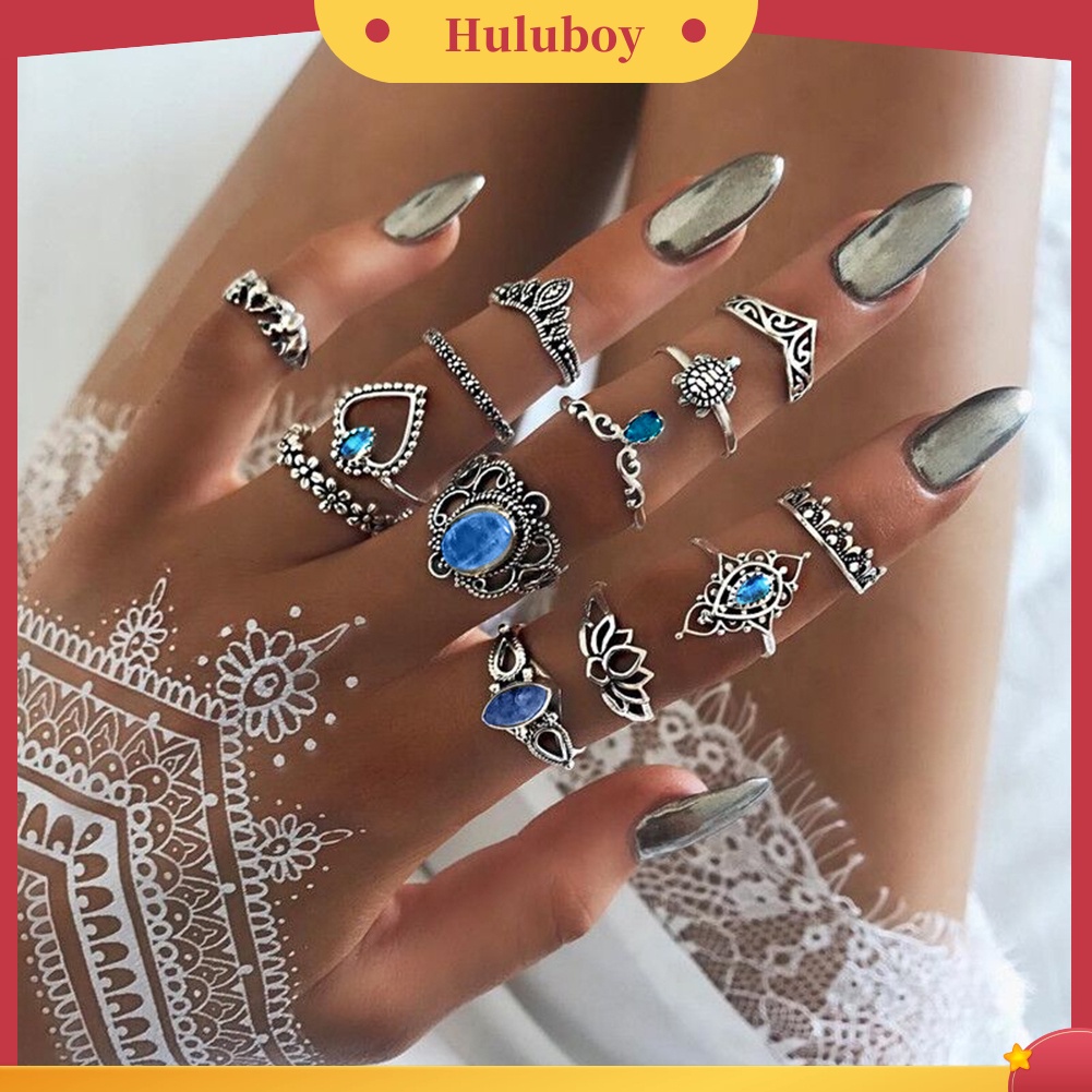 Hu Hu Hu Hu Hu Alat Bantu Pasang Kacamata♡ 13pcs Cincin Buku Jari Aneka Bentuk Warna Silver Gaya Boho Untuk Wanita