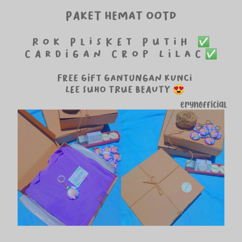 Paket Ootd Rok Plisket Putih & Cardigan Crop Lilac Termurah/Hampers kado