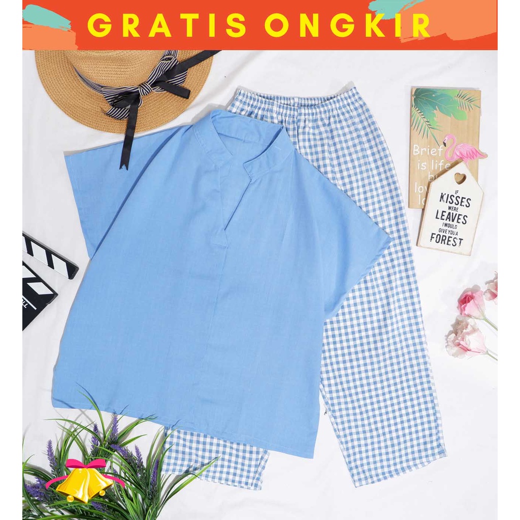 COTTONBELLS CASUAL JUMPSUIT WANITA BERDINE SQUARE PLAID V SET PANTS (JJ - JS 1758)-5