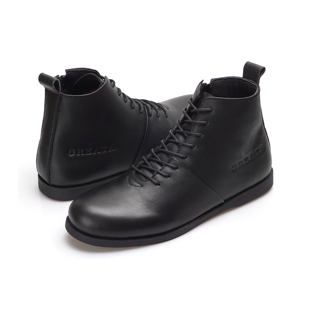 SVERKER BLACK ORIGINAL x GREATA Sepatu Kulit Sapi Asli Pria Boots Full Hitam Tali Casual Semi Formal Vintage Klasik Jalan Hangout Kuliah Kerja Kantor Resleting Zipper Classic Boot Genuine Leather Shoes Motor Bikers Touring Footwear Keren Terbaru Kekinian