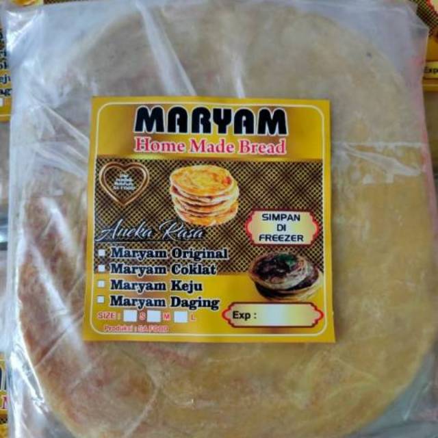 

Roti Maryam . Canai . Roti khas Timur Tengah . Roti Maryam Frozen Aneka Rasa . Ori . Keju . Coklat .