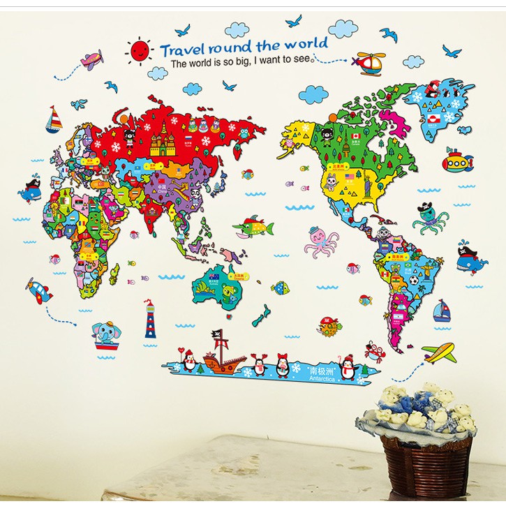 Reliza Wall Sticker Peta Dunia Map Travel Round the World Stiker Dinding  LDR9261