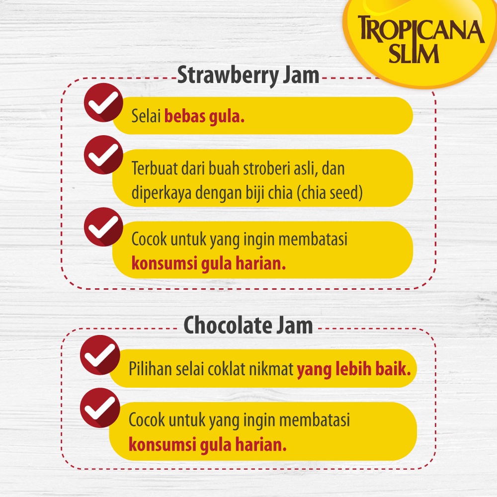 

QH Paket Sarapan - Tropicana Slim Chocolate Spread 300 gram + Tropicana Slim Strawberry Jam 375 gram