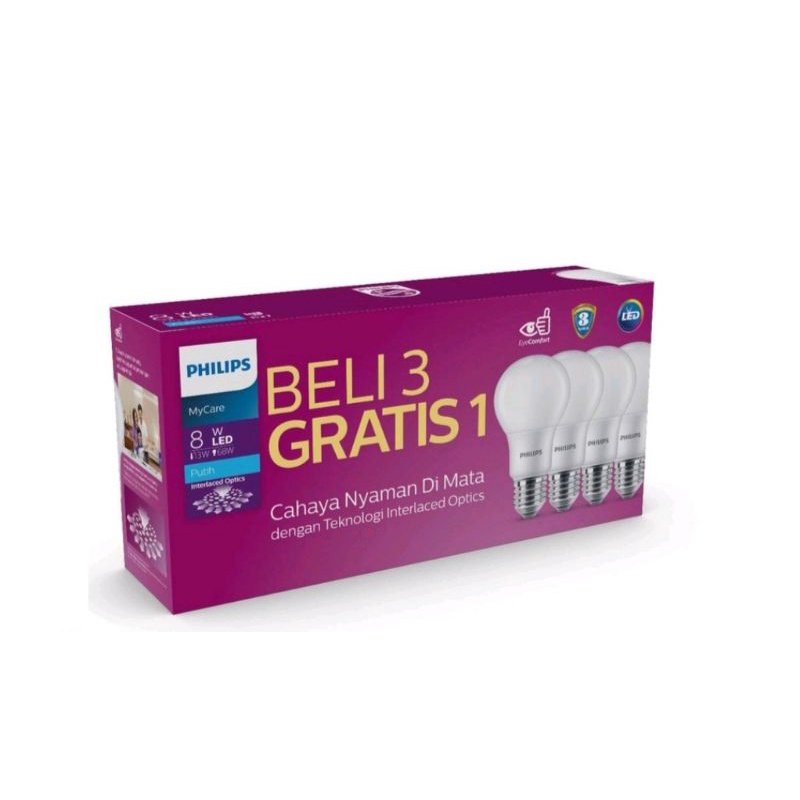 Philips - Paket Lampu Bohlam Led 8 Watt 3 Gratis 1